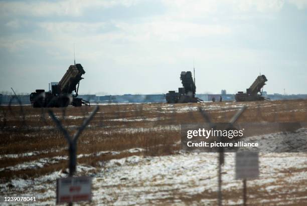 March 2022, Poland, Rzeszow: Three MIM-104 Patriot short-range anti-aircraft missile systems for defense against aircraft, cruise missiles and...
