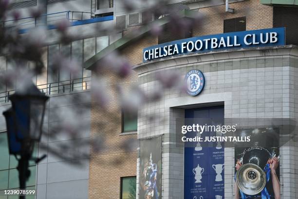 Chelsea's stadium, Stamford Bridge is seen through trees in London on March 10 as Chelsea's Russian owner Roman Abramovich was hit with a UK assets...