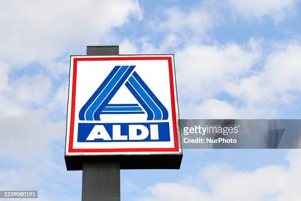 Aldi supermarket logo from Germany, after some multinationals left Russia due to the war with Ukraine and product prices are rising in gas stations...