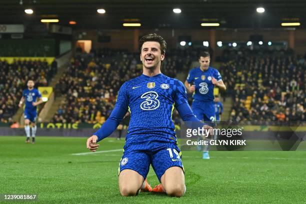 Chelsea's English midfielder Mason Mount celebrates after scoring a his team second goal during the English Premier League football match between...