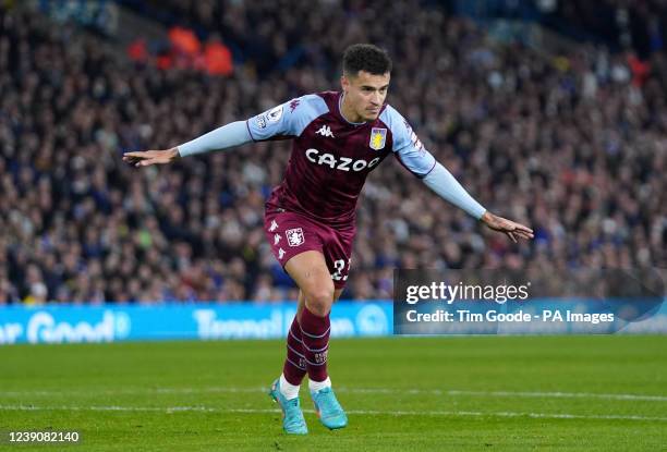 Aston Villa's Philippe Coutinho celebrates scoring their side's first goal of the game during the Premier League match at Elland Road, Leeds. Picture...