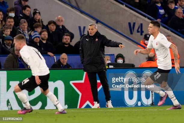 Head coach Bruno Genesio of Stade Rennais FC gestures during the UEFA Conference League Round of 16 Leg One match between Leicester City and Stade...