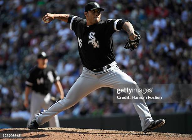 Sergio Santos of the Chicago White Sox delivers a pitch against the Minnesota Twins in the ninth inning of game one of a doubleheader on September 5,...