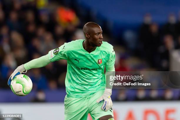 Goalkeeper Alfred Gomis of Stade Rennais FC controls the ball during the UEFA Conference League Round of 16 Leg One match between Leicester City and...