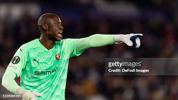 Goalkeeper Alfred Gomis of Stade Rennais FC gestures during the UEFA Conference League Round of 16 Leg One match between Leicester City and Stade...