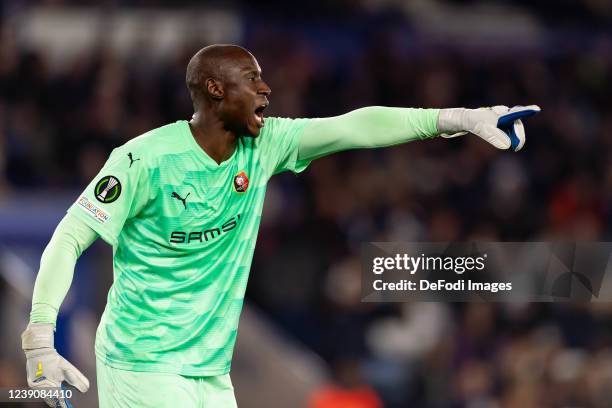 Goalkeeper Alfred Gomis of Stade Rennais FC gestures during the UEFA Conference League Round of 16 Leg One match between Leicester City and Stade...