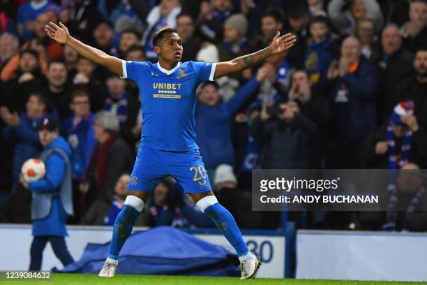 Rangers' Colombian striker Alfredo Morelos celebrates after scoring their second goal during the UEFA Europa League Round of 16, first leg football...