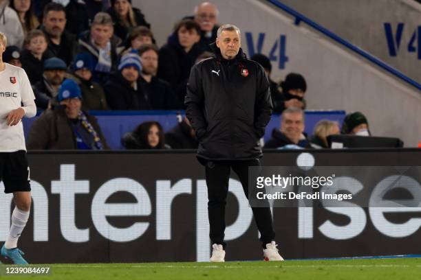 Head coach Bruno Genesio of Stade Rennais FC looks on during the UEFA Conference League Round of 16 Leg One match between Leicester City and Stade...