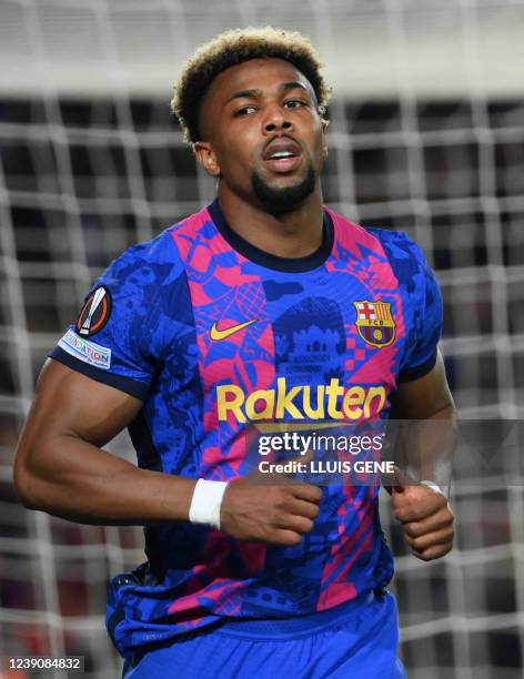 Barcelona's Spanish forward Adama Traore leaves the pitch during the UEFA Europa League round of 16 first leg football match between FC Barcelona and...