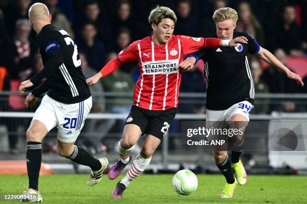 Nicolai Boilesen of FC Copenhagen, Ritsu Doan of PSV Eindhoven, Victor Kristiansen of FC Copenhagen during the Conference League match between PSV...