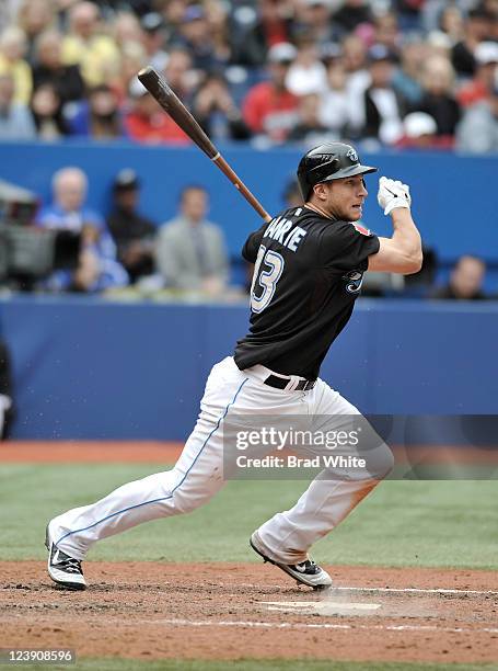 Brett Lawrie of the Toronto Blue Jays bats during MLB game action against the Boston Red Sox September 5, 2011 at Rogers Centre in Toronto, Ontario,...