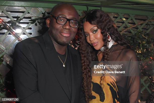 Editor-In-Chief of British Vogue Edward Enninful and Naomi Campbell attend Annabel's 4th anniversary party on March 10, 2022 in London, England.