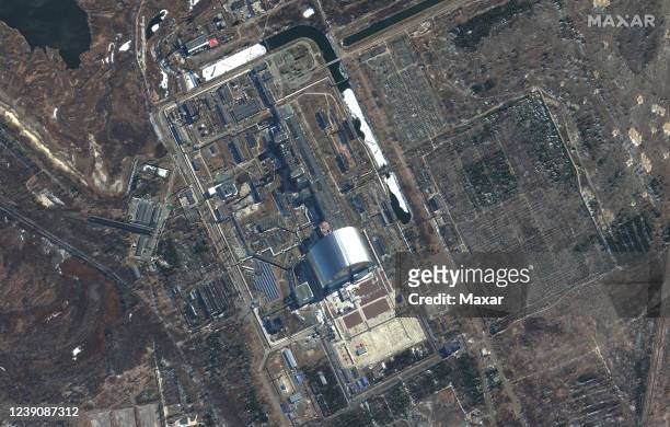 Maxar satellite imagery overview of Chernobyl Nuclear Power Plant in Ukraine. 10mar2022_wv2. Please use: Satellite image 2022 Maxar Technologies.