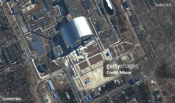 Maxar satellite imagery closeup of Chernobyl Nuclear Power Plant in Ukraine. 10mar2022_wv2. Please use: Satellite image 2022 Maxar Technologies.