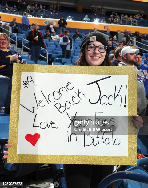 Fan holds a sign welcoming Jack Eichel of the Vegas Golden Knights on his return to to Buffalo for an NHL game against the Buffalo Sabres on March...