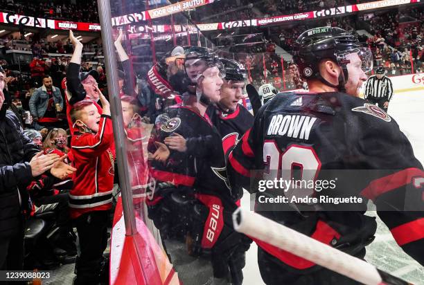 Josh Norris of the Ottawa Senators celebrates his first period goal against the Seattle Kraken at Canadian Tire Centre on March 10, 2022 in Ottawa,...