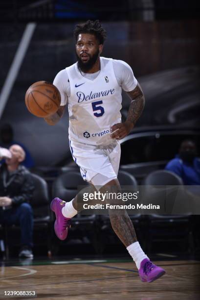 Myles Powell of the Delaware Blue Coats dribbles the ball during the game on March 10, 2022 at RP Funding Center in Lakeland, Florida. NOTE TO USER:...
