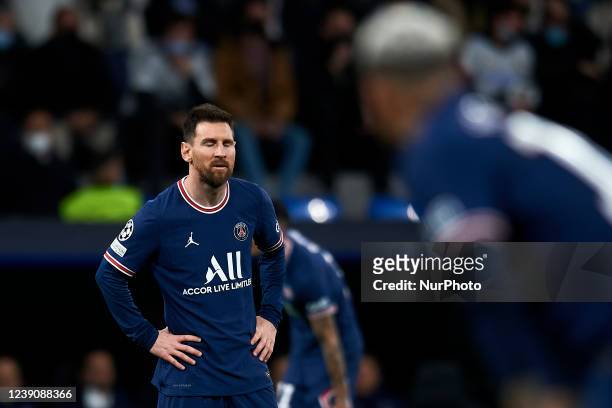Leo Messi of PSG dejected during the UEFA Champions League Round Of Sixteen Leg Two match between Real Madrid and Paris Saint-Germain at Estadio...