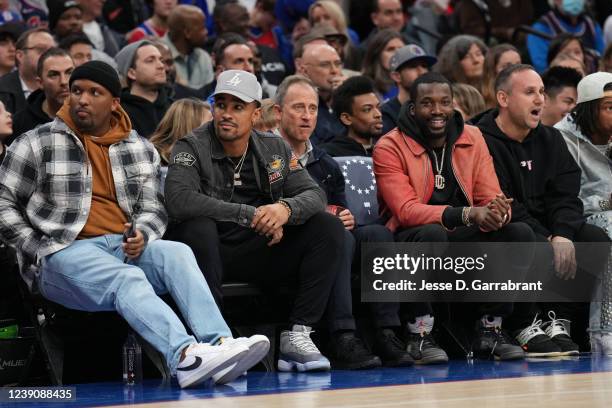 Philadelphia Eagles QB, Jalen Hurts and Rapper, Meek Mill attend a game between the Brooklyn Nets and the Philadelphia 76ers on March 10, 2022 at...