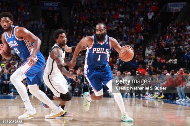 James Harden of the Philadelphia 76ers drives to the basket during the game against the Brooklyn Nets on March 10, 2022 at the Wells Fargo Center in...