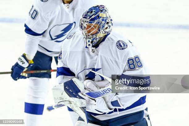 Tampa Bay Lightning Goalie Andrei Vasilevskiy warms up before an NHL game where the Calgary Flames hosted the Tampa Bay Lightning on March 10 at the...