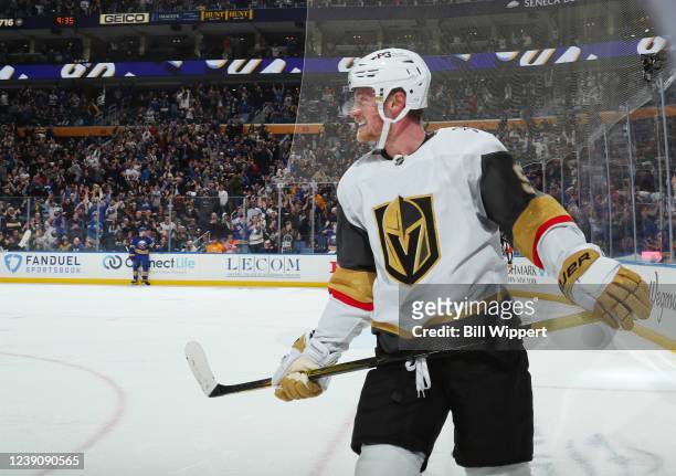 Jack Eichel of the Vegas Golden Knights reacts following a Buffalo Sabres empty net goal during an NHL game on March 10, 2022 at KeyBank Center in...