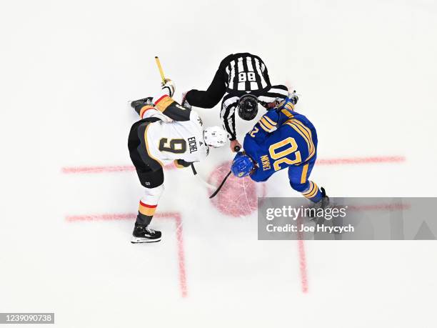 Jack Eichel of the Vegas Golden Knights faces off against Cody Eakin of the Buffalo Sabres during an NHL game on March 10, 2022 at KeyBank Center in...