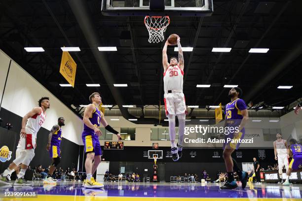 Sean McDermott of the Memphis Hustle dunks the ball during the game against the South Bay Lakers on March 10, 2022 at UCLA Heath Training Center in...