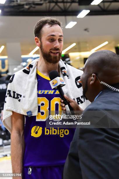 Jay Huff of the South Bay Lakers is interviewed after the game against the Memphis Hustle on March 10, 2022 at UCLA Heath Training Center in El...