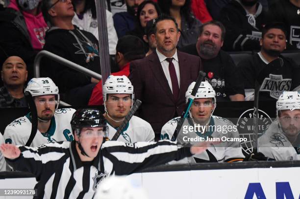 Bob Boughner looks on during the game against the Los Angeles Kings at Crypto.com Arena on February 15, 2022 in Los Angeles, California.