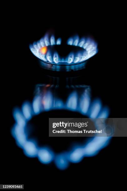 Symbolic photo on the subject of rising gas costs. Blue flames emanate from a gas stove in a kitchen on March 11, 2022 in Berlin, Germany.