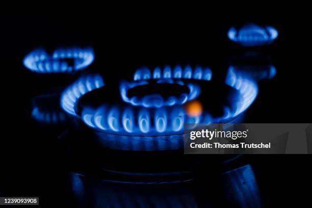 Symbolic photo on the subject of rising gas costs. Blue flames emanate from a gas stove in a kitchen on March 11, 2022 in Berlin, Germany.