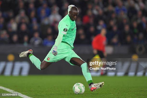 Alfred Gomis of Rennes in action during the UEFA Europa Conference League Round of 16 match between Leicester City and Stade Rennais F.C. At the King...