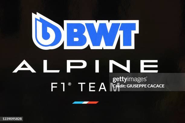 Alpine's logo is pictured during the second day of Formula One pre-season testing at the Bahrain International Circuit in the city of Sakhir on March...