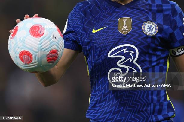 Detailed view of the Three sponsor logo on the Chelsea shirt during the Premier League match between Norwich City and Chelsea at Carrow Road on March...