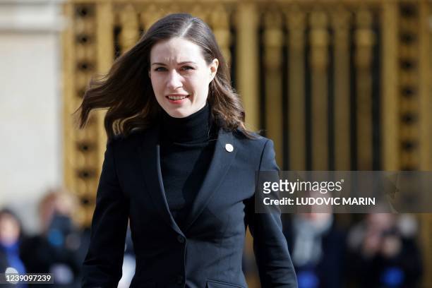 Finland's Prime Minister Sanna Marin arrives at the Palace of Versailles, near Paris, on March 11 for the EU leaders summit to discuss the fallout of...