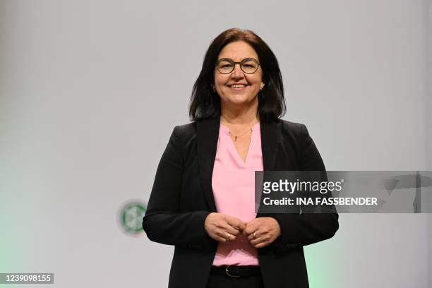 Heike Ullrich, Vice General Secretary at the German Football Federation , smiles before the annual meeting of the German Football Federation at the...