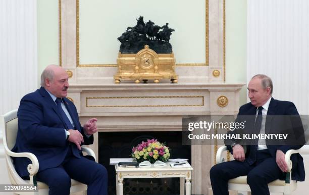 Russian President Vladimir Putin meets with his Belarus' counterpart Alexander Lukashenko at the Kremlin in Moscow on March 11, 2022.