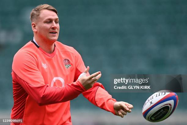 England's Alex Dombrandt takes part in a training session of the England's rugby team, at Twickenham Stadium, in London, on March 11, 2022 on the eve...