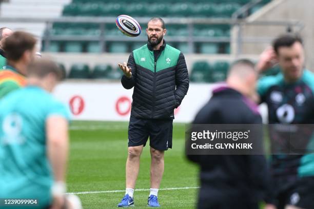 Ireland's head coach Andy Farrell leads a training session of the Ireland's rugby team, at Twickenham Stadium, in London, on March 11, 2022 on the...