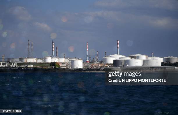 View shows the Taranto refinery on March 10, 2022 in Taranto, southern Italy. Even as Italy's Mario Draghi voices firm opposition to Russia's...