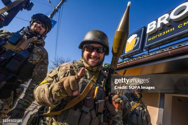 An Ukrainian solider seen posing for a photo with his RPG launcher. Russian military forces continue their full-scale invasion of Ukraine.