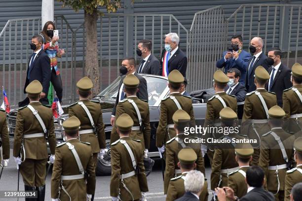 Outgoing President of Chile Sebastian Piñera arrives to the National Congress before Gabriel Boric's presidential inauguration on March 11, 2022 in...