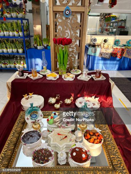 Traditional items on display at an Iranian shop for the upcoming holiday of Nevruz in Toronto, Canada. Nevruz which means 'new day' marks the first...