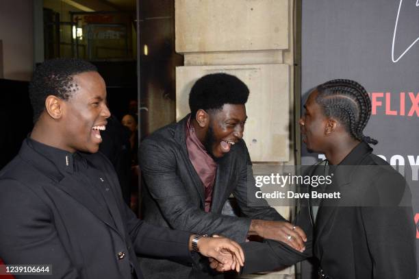 Micheal Ward, Hope Ikpoku Jnr and Araloyin Oshunremi attend the World Premiere of "Top Boy 2", the second season of Top Boy premiering on Netflix, at...