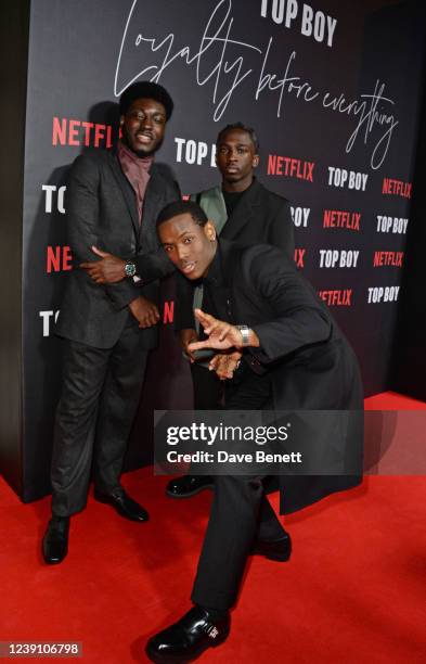 Hope Ikpoku Jnr, Micheal Ward and Araloyin Oshunremi attend the World Premiere of "Top Boy 2", the second season of Top Boy premiering on Netflix, at...