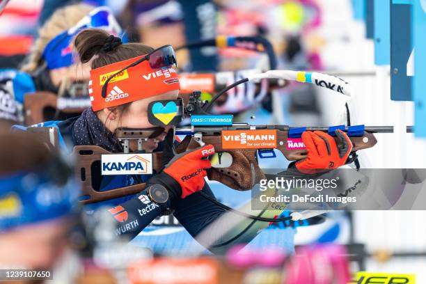 Vanessa Voigt of Germany at the shooting range during the Sprint Women at the IBU World Cup Biathlon Otepaeae on March 11, 2022 in Otepaa, Estonia.
