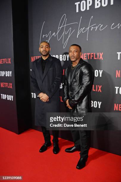 Kano and Ashley Walters attend the World Premiere of "Top Boy 2", the second season of Top Boy premiering on Netflix, at Hackney Picturehouse on...