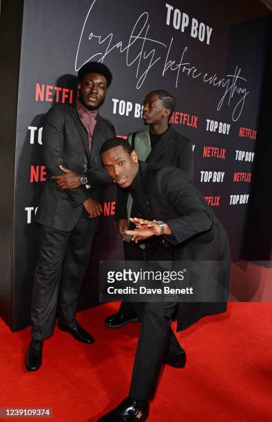 Hope Ikpoku Jnr, Micheal Ward and Araloyin Oshunremi attend the World Premiere of "Top Boy 2", the second season of Top Boy premiering on Netflix, at...