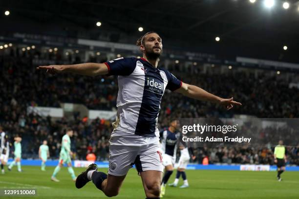 Andy Carroll of West Bromwich Albion celebrates after scoring a goal to make it 2-2 during the Sky Bet Championship match between West Bromwich...